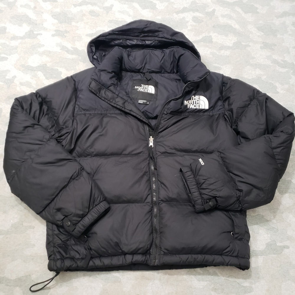 The North Face Puffer Jacket Womens Medium Black 700 Down Nuptse Hooded Full Zip